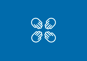 Blå bild med en vit ikon som föreställer fyra händer i ett mönster.